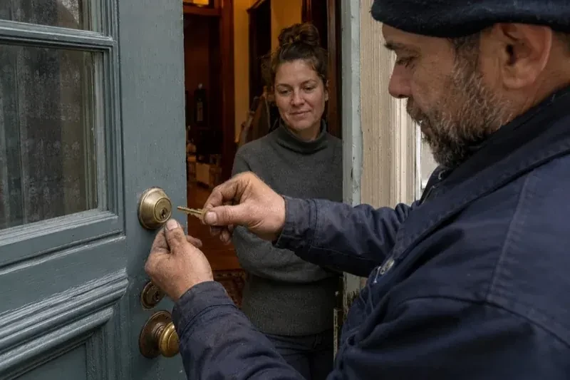 Person holding a key beside a brass-colored deadbolt on an open painted door while another person watches from inside. — Home Lockout Service, Kitchener
