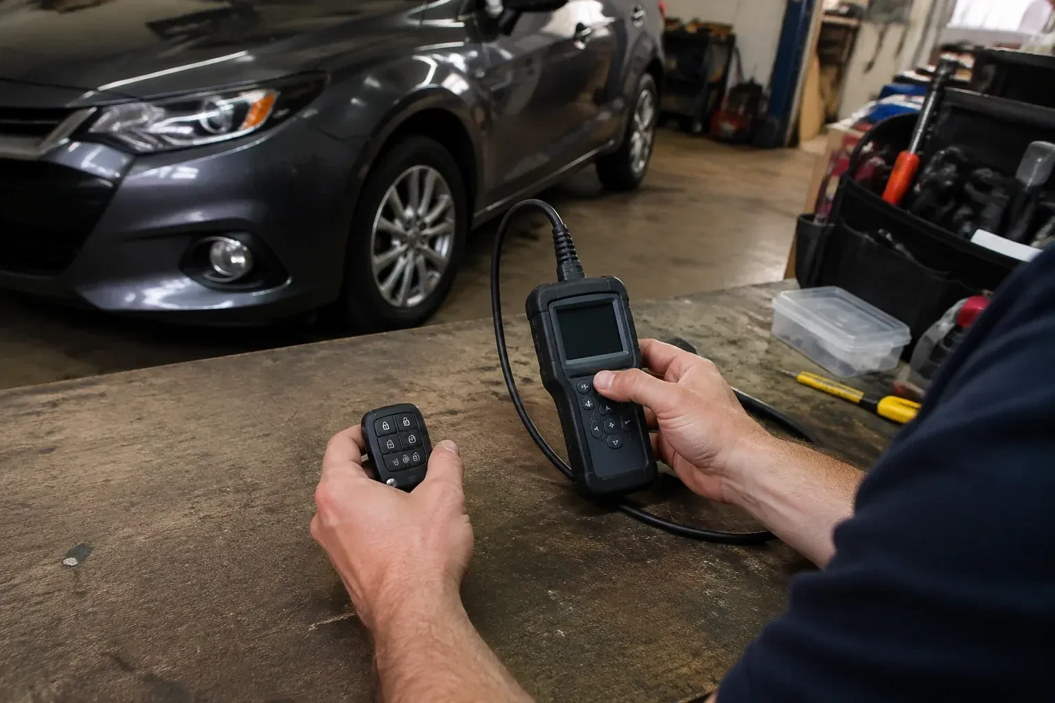 Hands holding a car-key fob and a small wired electronic device above a workbench in a garage with a parked car. — Key Fob Programming, Kitchener