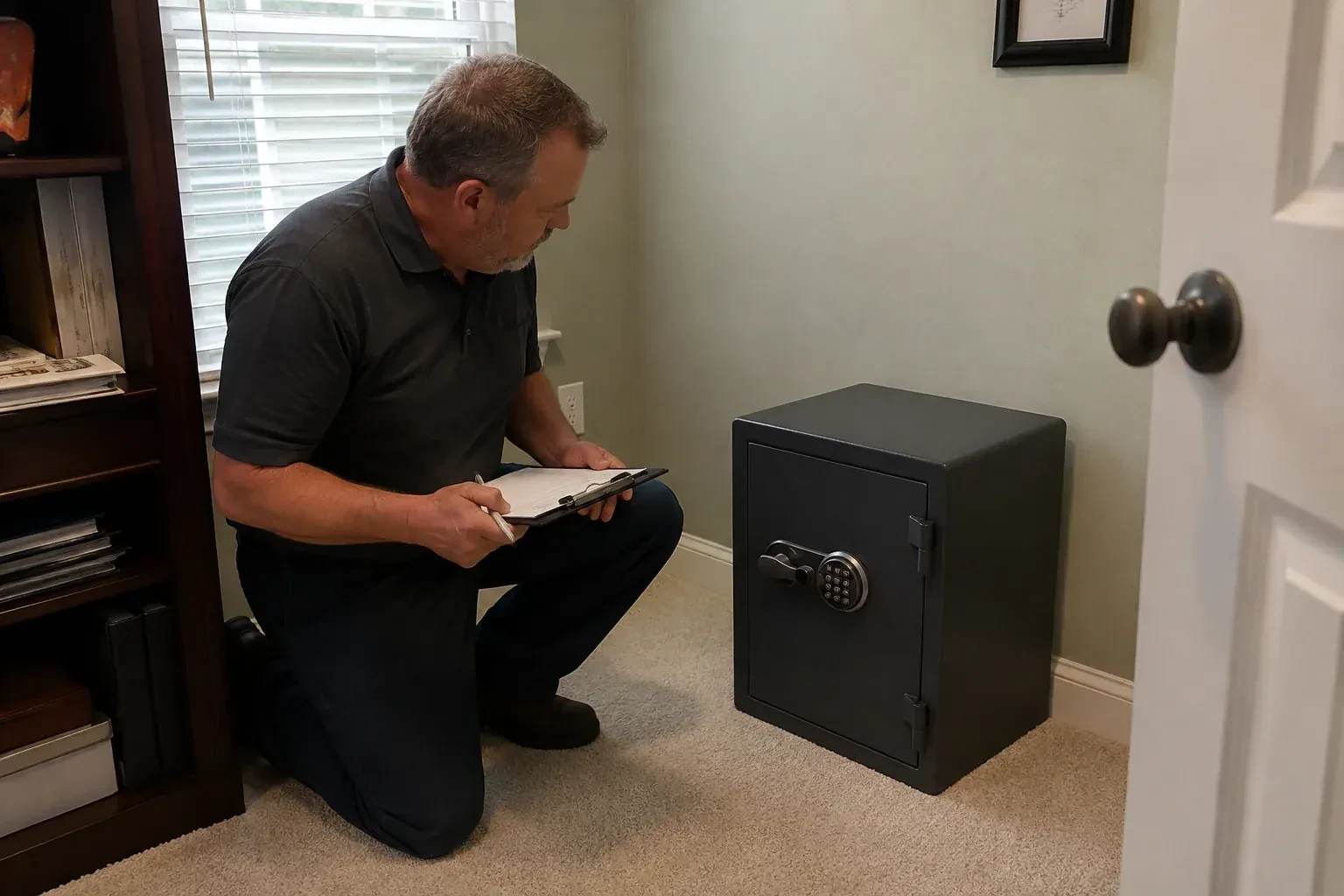 Person holding a clipboard beside a closed black safe with a circular keypad in a carpeted room. — Safe Installation & Servicing, Kitchener