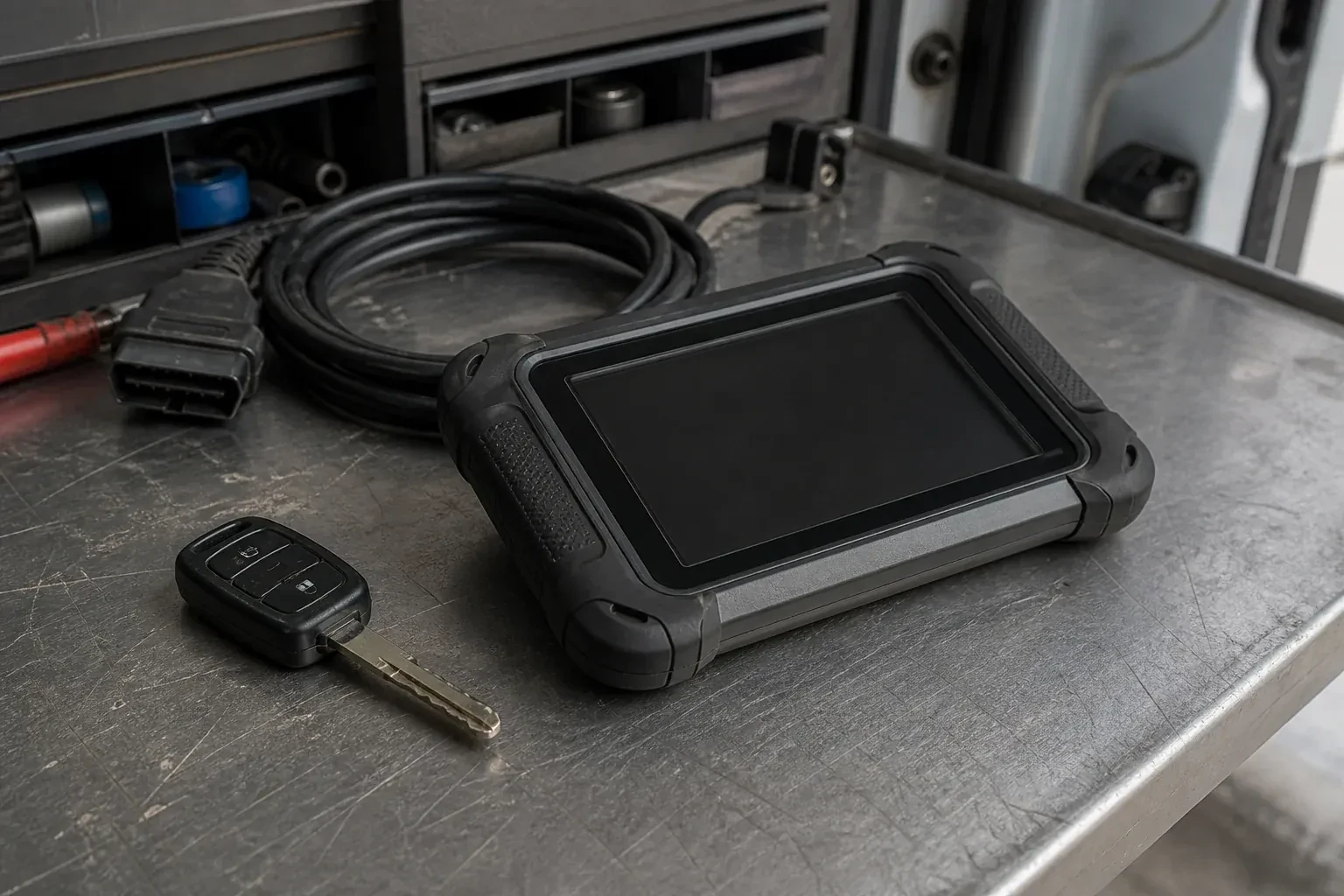 Vehicle key beside a dark diagnostic tablet and coiled connector cable on a workbench. — Transponder Key Programming, Kitchener
