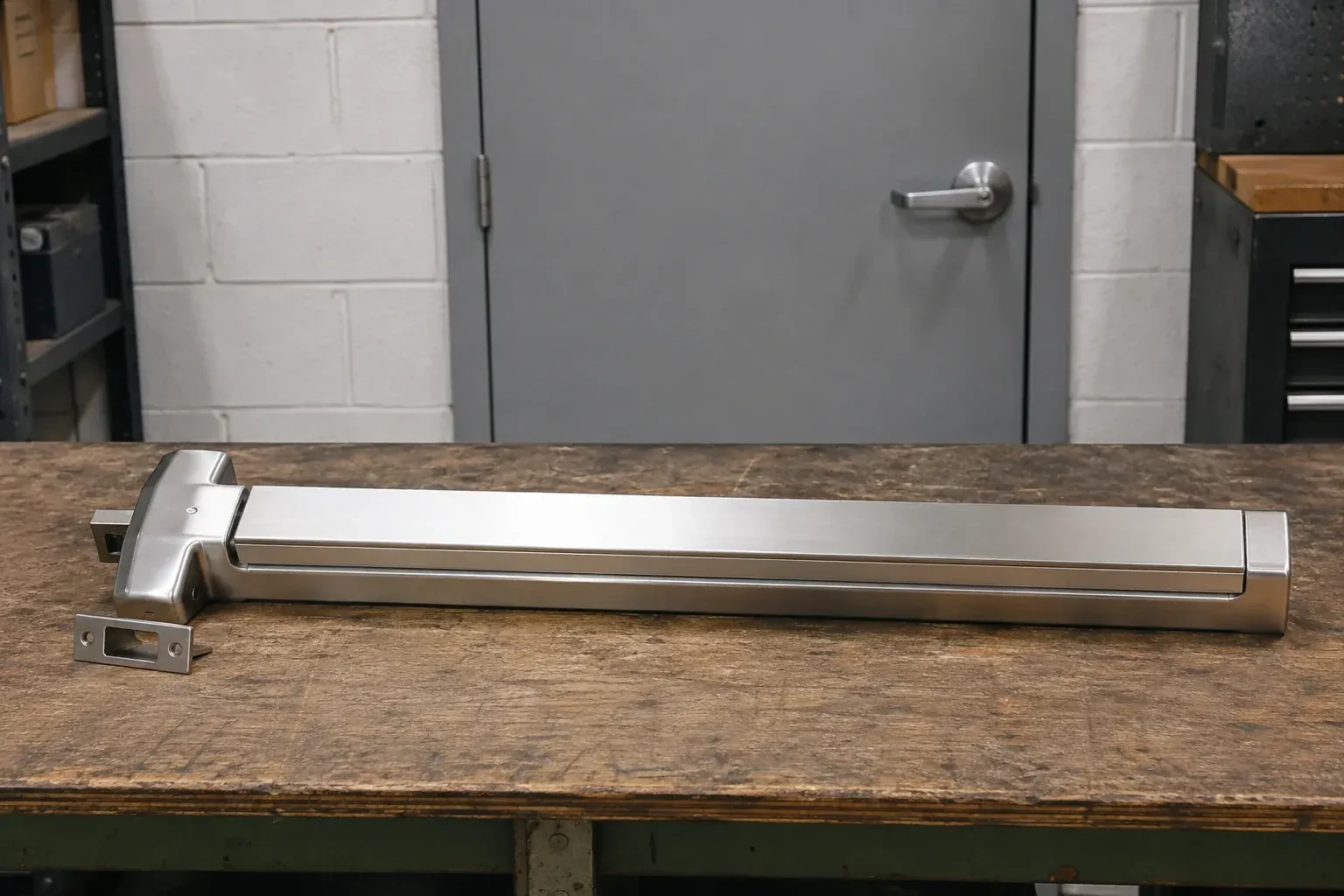 Detached horizontal exit device and separate strike component on a workshop bench. — Panic & Exit Hardware, Kitchener
