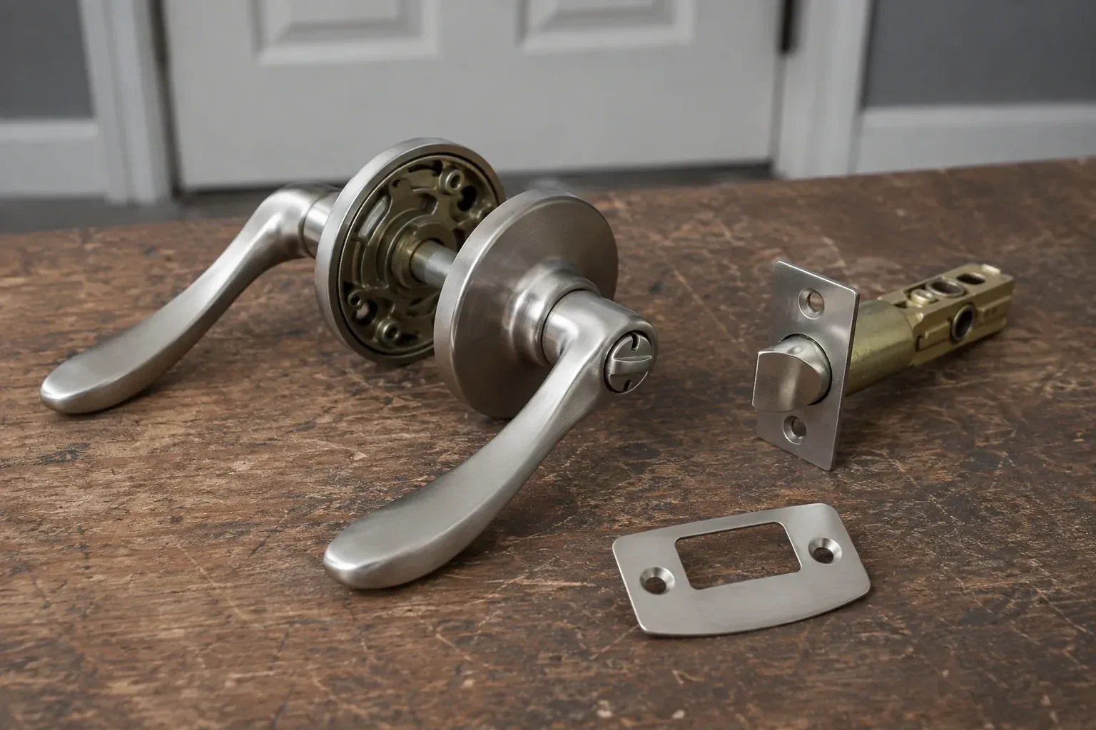 Detached satin-nickel lever hardware, tubular latch and strike plate on a wooden workbench. — Lock Replacement & Upgrade, Kitchener