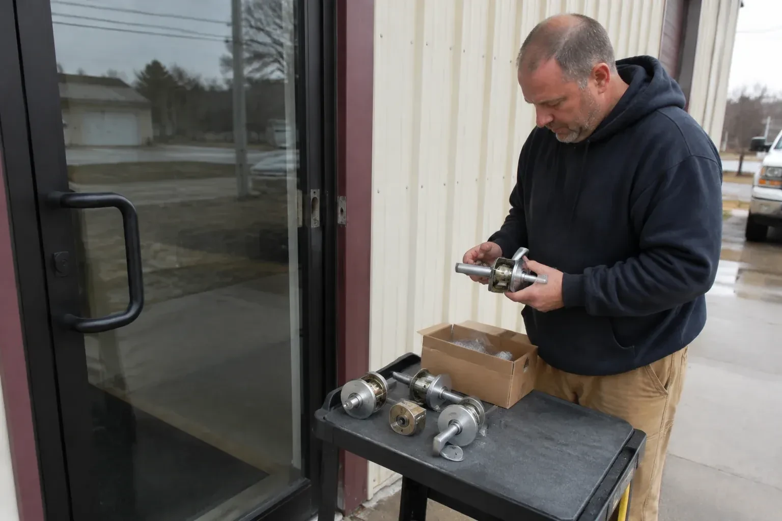 Person holding a door-handle assembly beside a glazed entrance, with more handle and lock components on a cart. — Commercial-Grade Lock Replacement, Kitchener