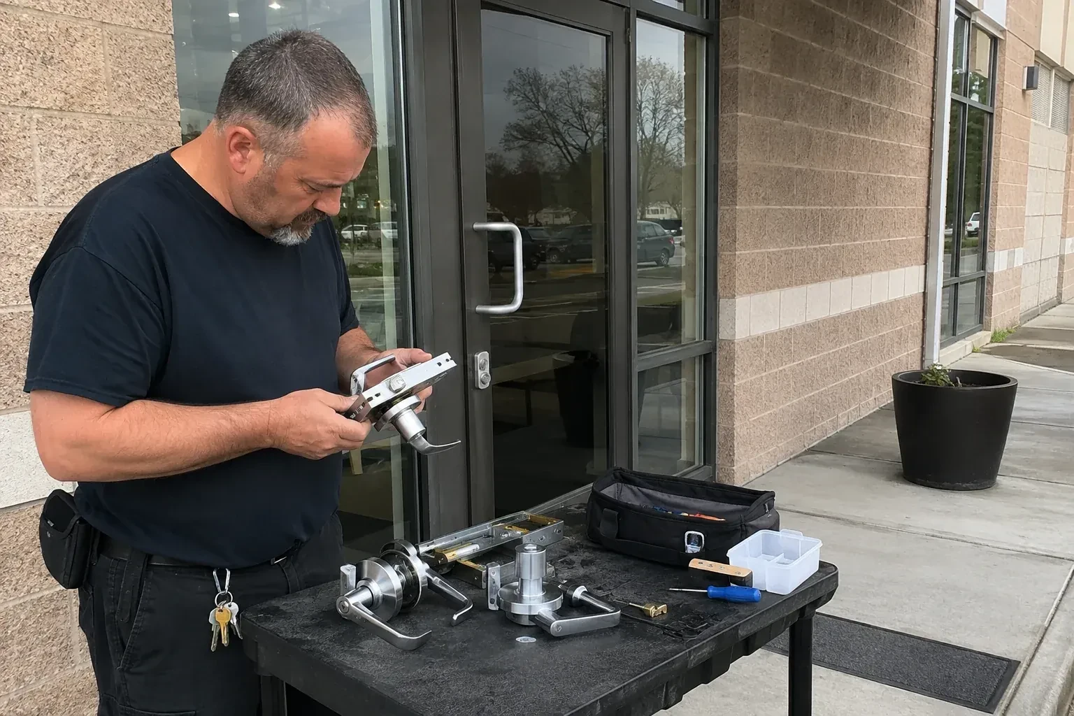 Person holding a door-handle and latch assembly at a worktable outside a glass entrance, with additional handles and tools laid out. — Commercial Rekeying, Kitchener