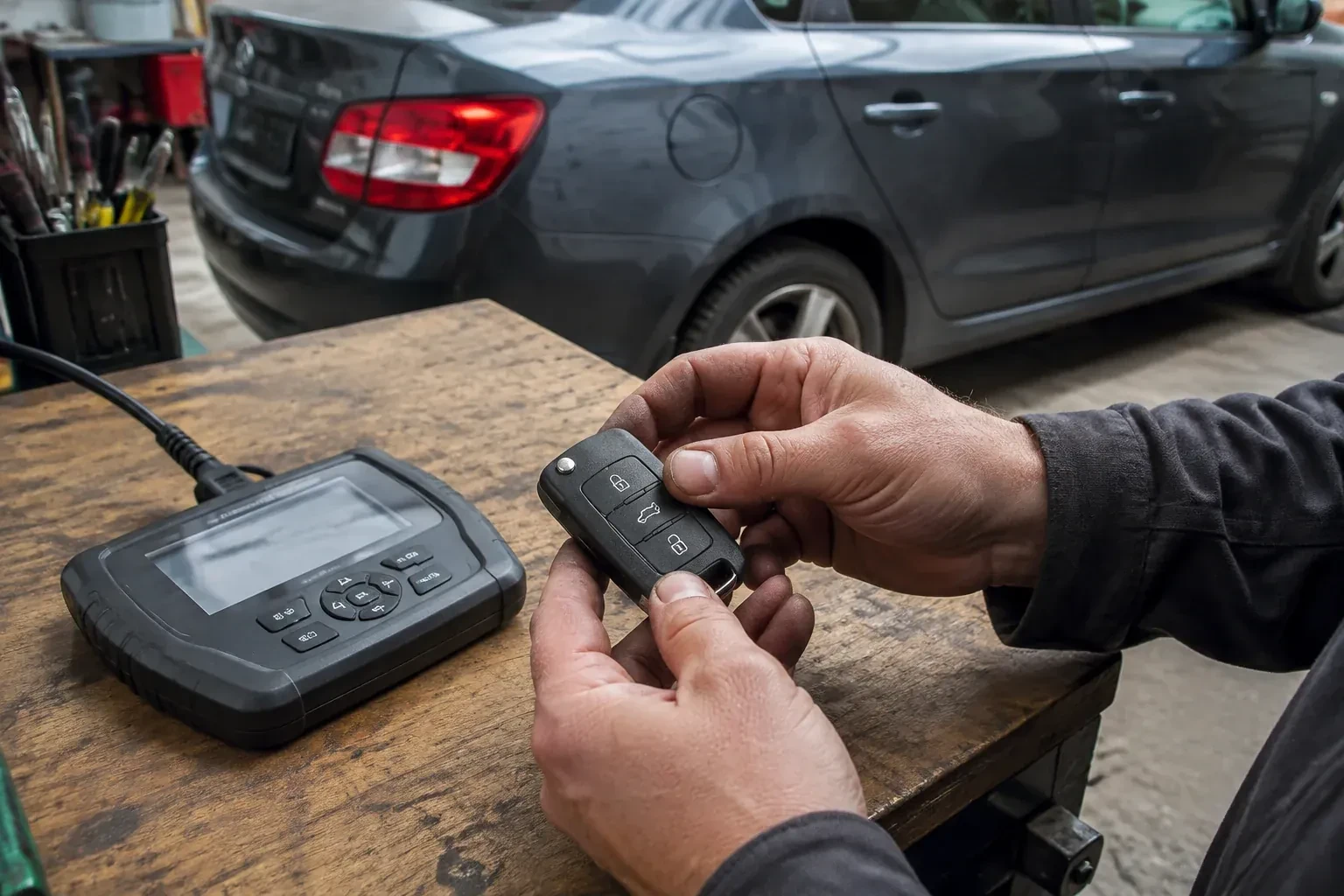 Hands holding a black car key fob above a workbench, beside a wired handheld device with a screen. — Car Key Replacement, Kitchener