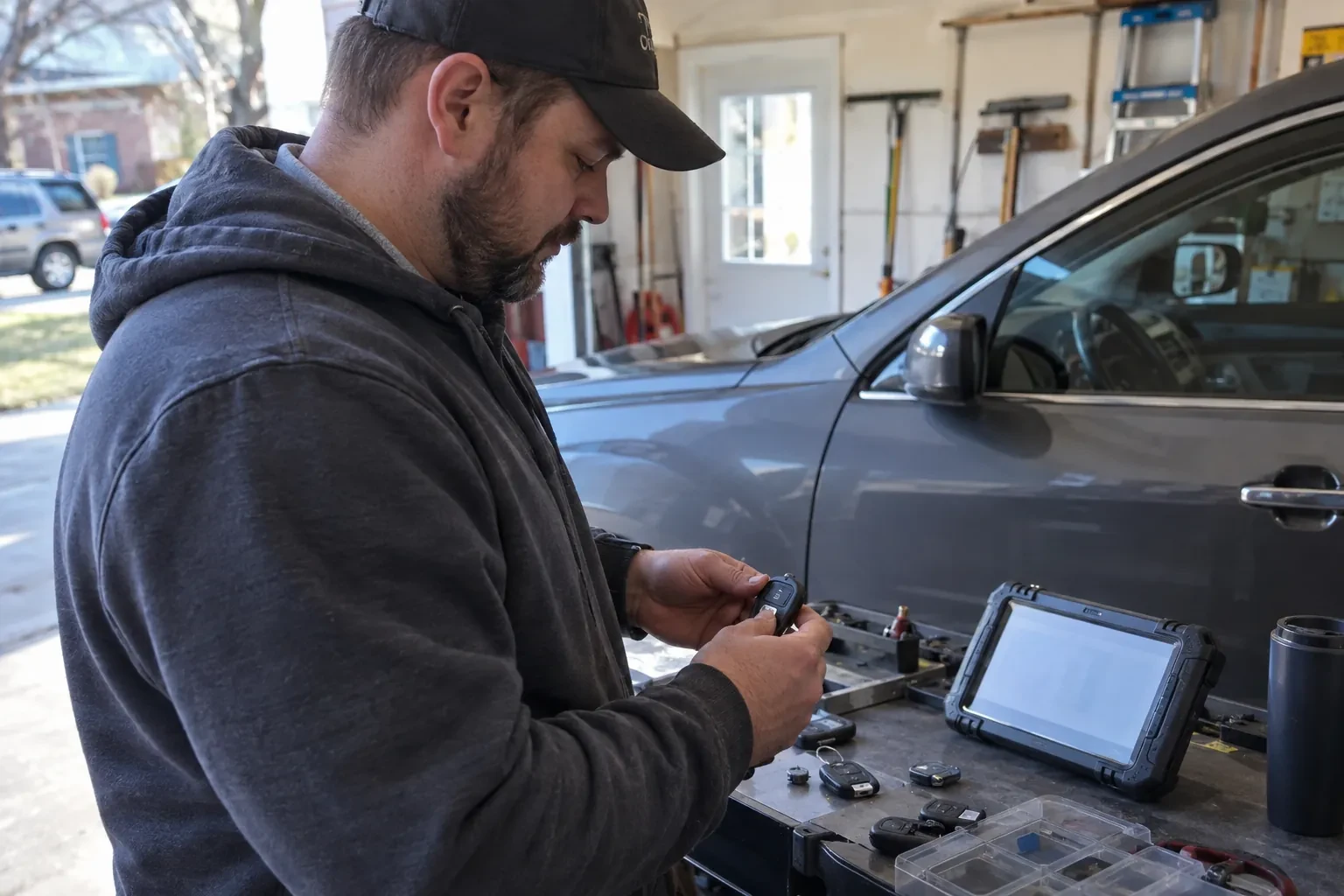 Technician holding a key fob over a metal workbench with a rugged tablet and loose fobs, beside a gray SUV.