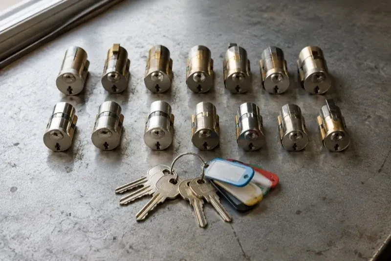 Two rows of lock cylinders on a metal surface with keys and colored key tags in front. — Master Key System Design, Kitchener