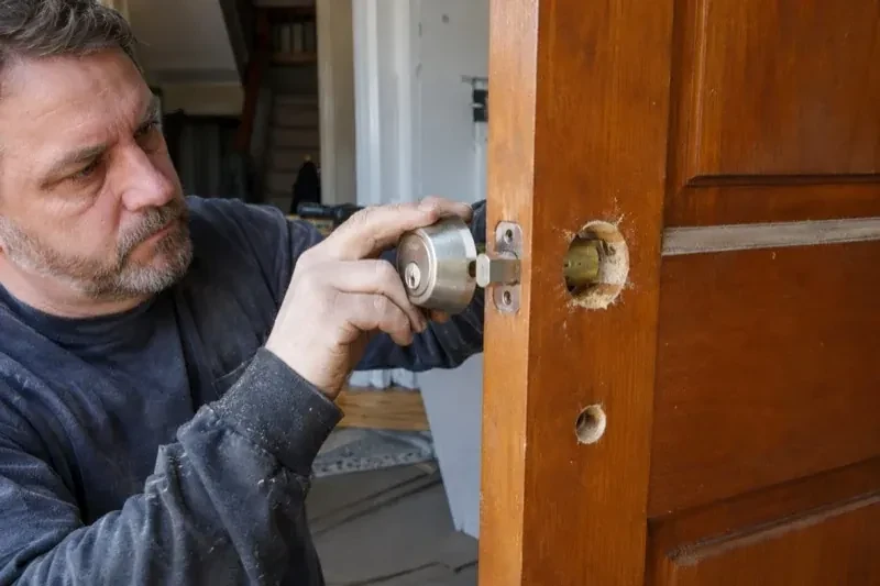 Person holding a silver-colored lock beside an open wooden door with exposed circular holes and a latch at its edge. — Deadbolt Installation, Kitchener