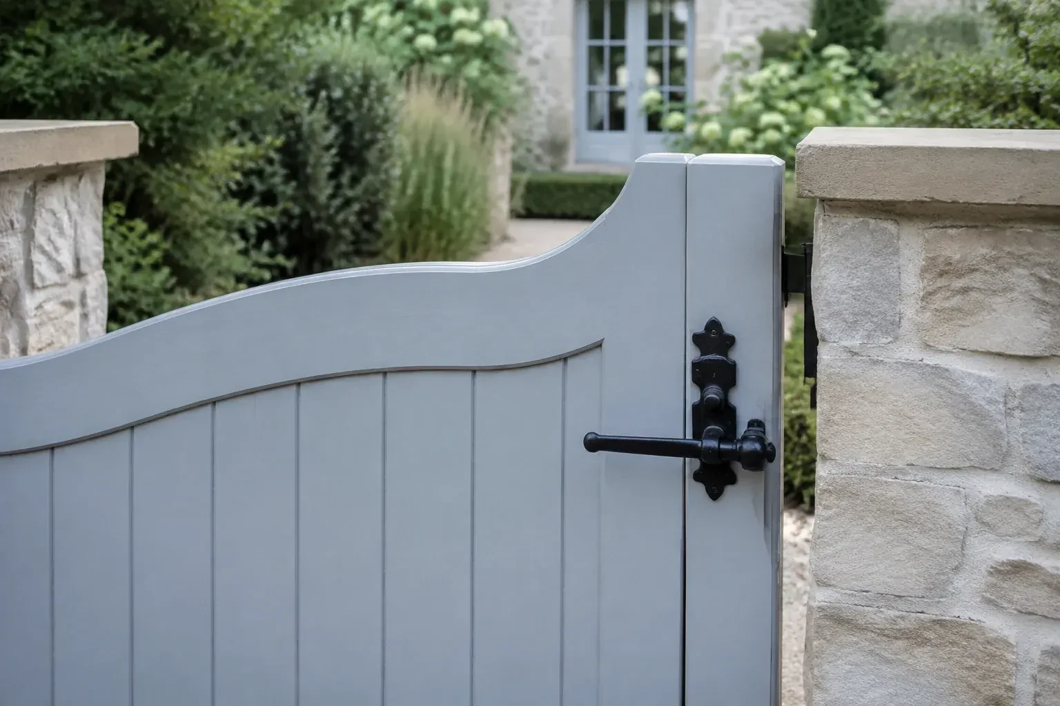 Pale blue garden gate with a black lever latch between light stone pillars. — Gate & Building Entry Locks, Kitchener