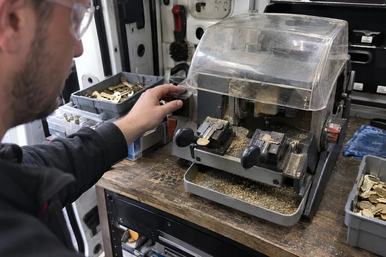 Person in safety glasses reaching for a key-cutting machine with a clear cover, beside trays of brass key blanks. — Spare Car Key Duplication, Kitchener