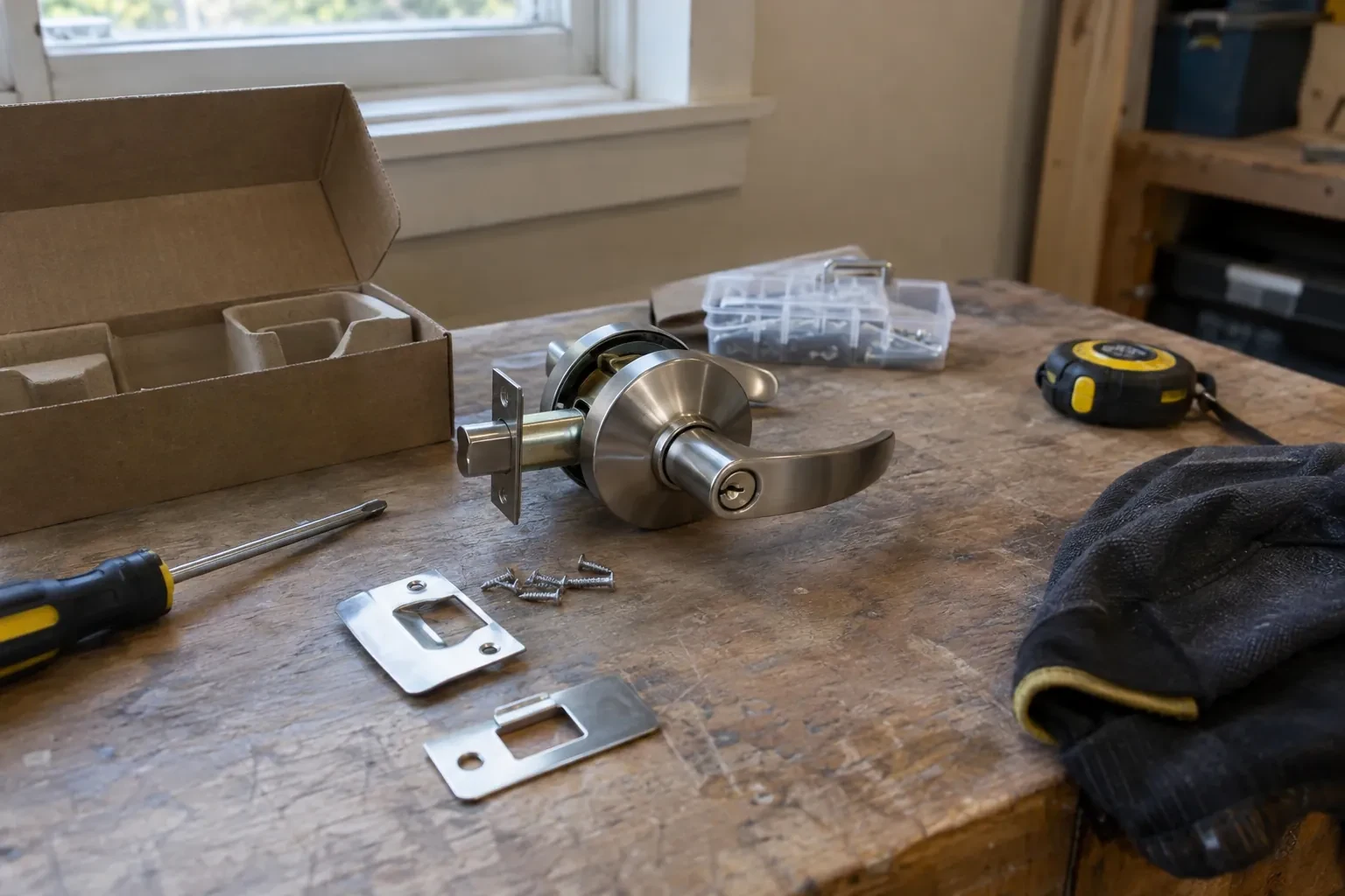 Steel lever handle lockset with two strike plates, loose screws, a screwdriver and an open box on a wooden bench. — Country Hills