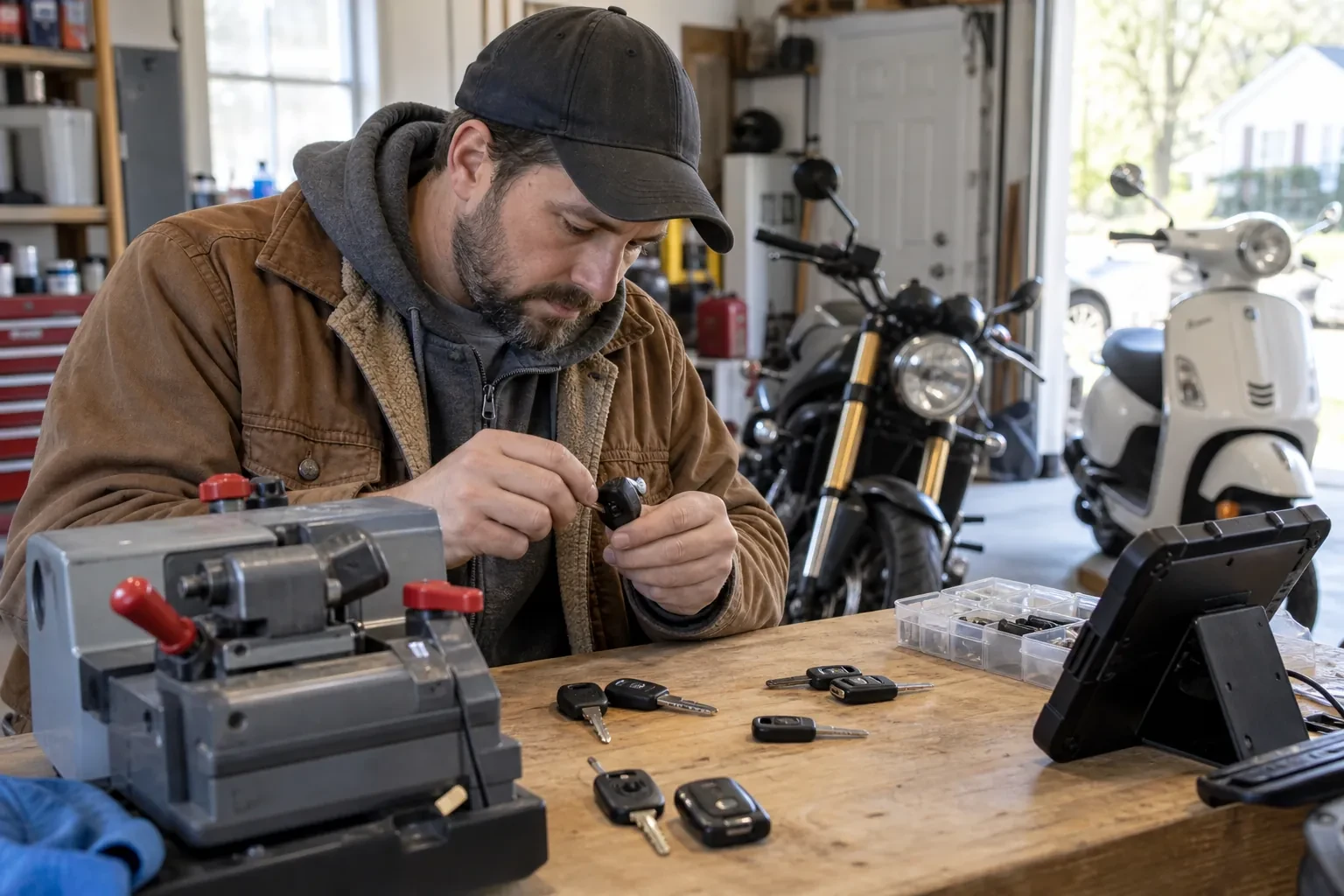 Technician holding a small key fob at a bench with a key-cutting machine, loose keys, and a motorcycle and scooter behind.