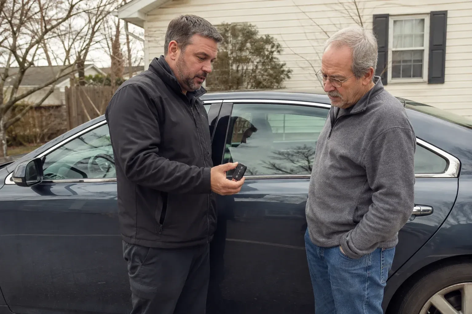 Two people beside a dark sedan, one holding up a black key fob. — Car Lockout Service, Kitchener