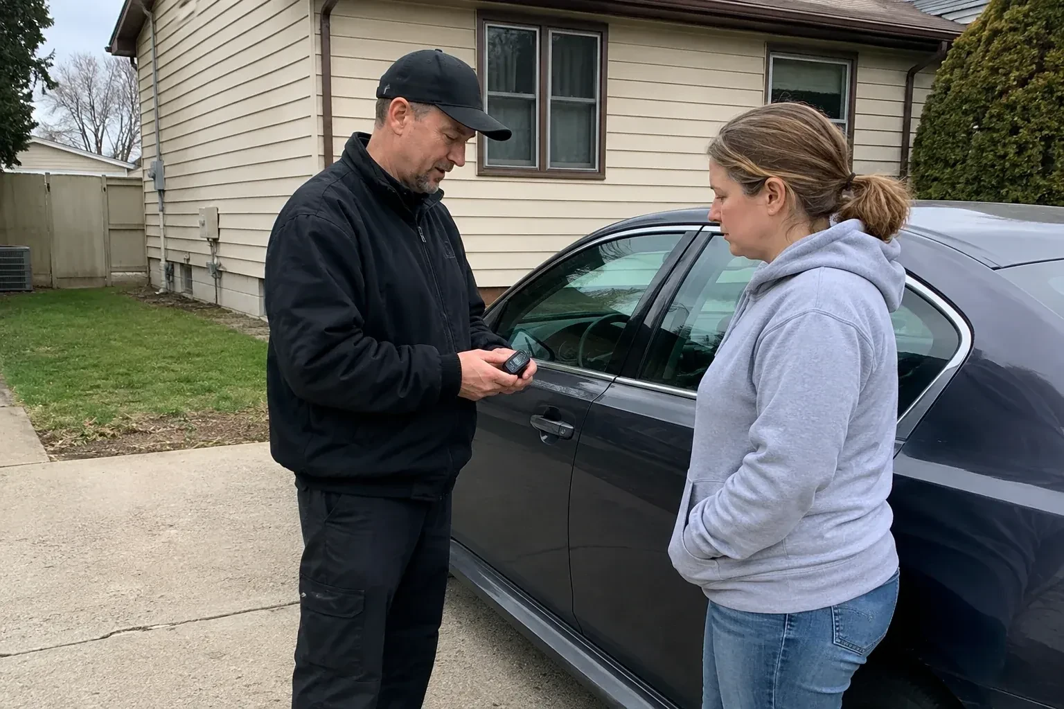 Two people standing beside a parked sedan, one wearing a cap and holding a small black device. — Vehicle Lock Repair, Kitchener
