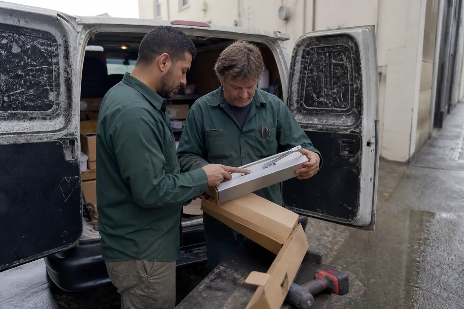Two technicians in green shirts look over a metal tray holding a chrome tool beside a white van with open rear doors.