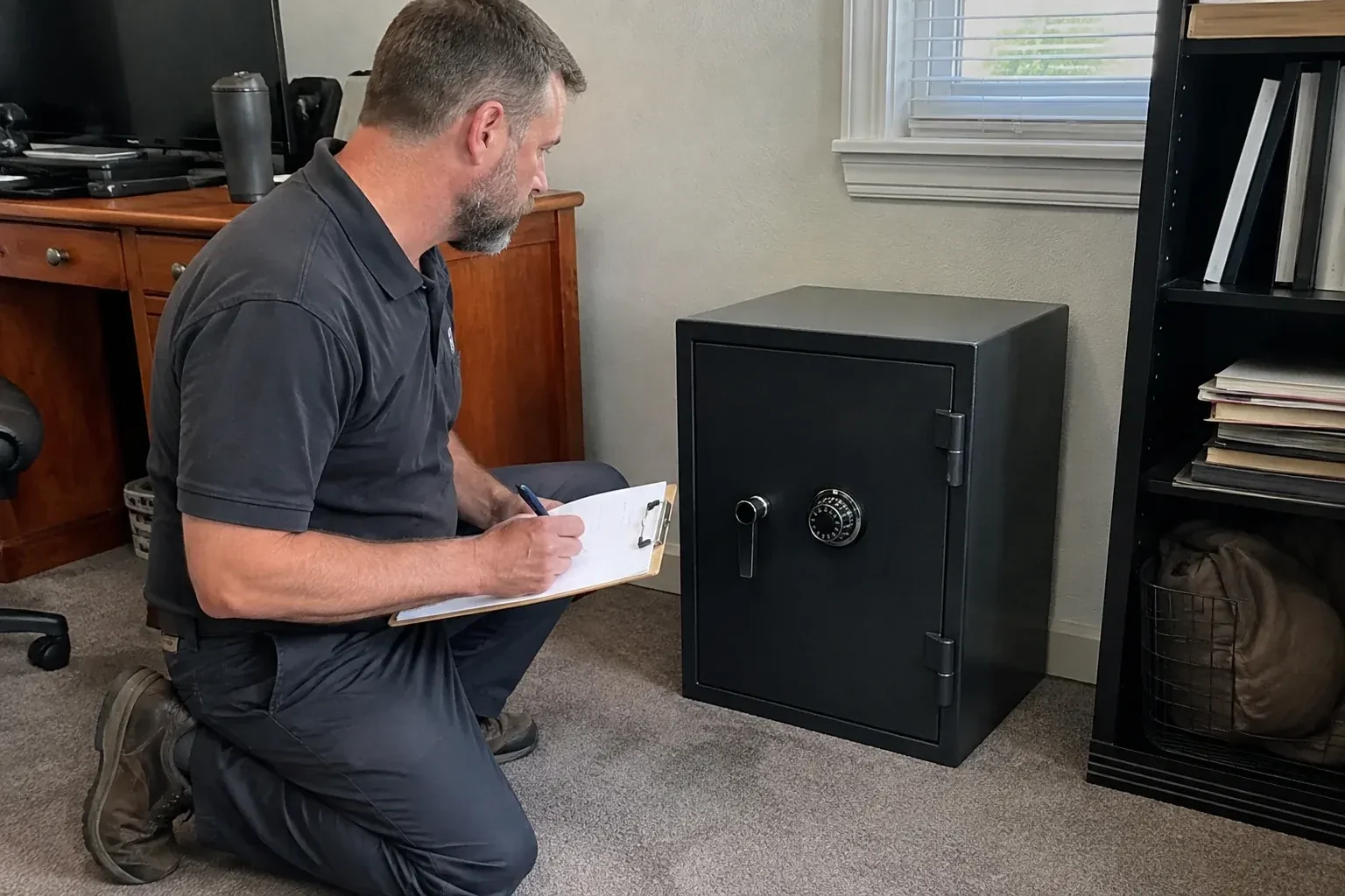 Person writing on a clipboard while kneeling beside a closed black safe with a numbered combination dial in a home office. — Safe Opening & Combination Change, Kitchener